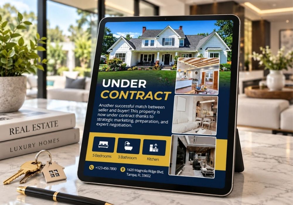 Real estate social media Canva template displayed on a tablet featuring an under contract property post