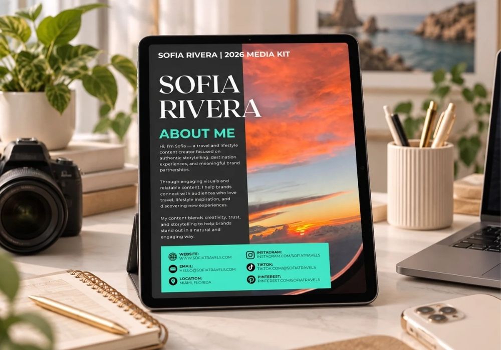 Travel and lifestyle creator media kit Canva template displayed on a tablet with creator bio, social media details and brand information