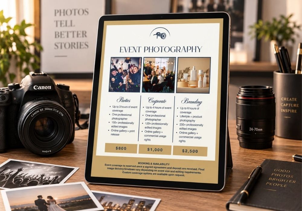 Event photography pricing guide Canva template displayed on a tablet with photography packages and service pricing