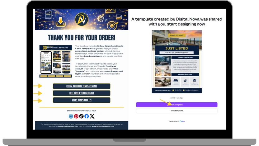 A laptop showing a digital website template preview with text, mockups, and buttons. The screen includes promotional copy for a social media website template and a purple 'View Prototype' button.