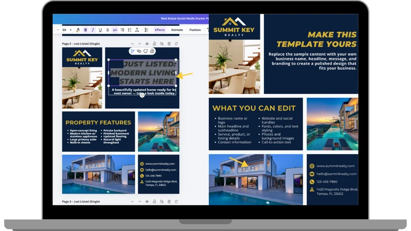 A laptop displaying a real estate social media template mockup with multiple design pages, including text sections like 'Just Listed: Modern Living Starts Here' and property features, shown on a light gray background.
