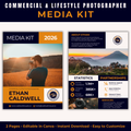 Media kit for a commercial and lifestyle photographer with two pages featuring statistics and partnerships.