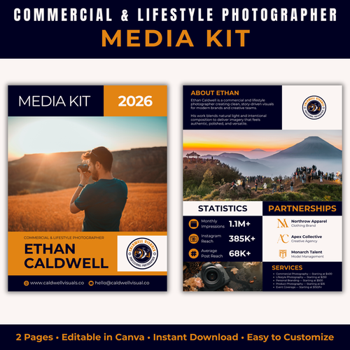 Media kit for a commercial and lifestyle photographer with two pages featuring statistics and partnerships.