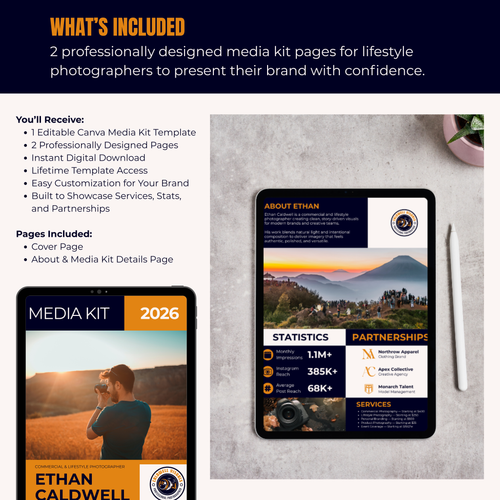 Media kit template for lifestyle photographers with a smartphone displaying the template on a gray surface.
