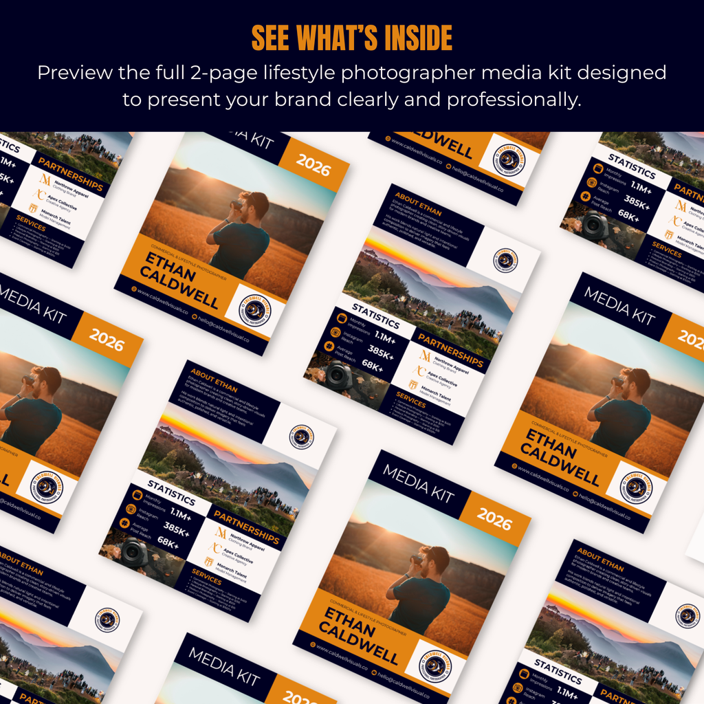 Media kit design for a photographer with various pages displayed.