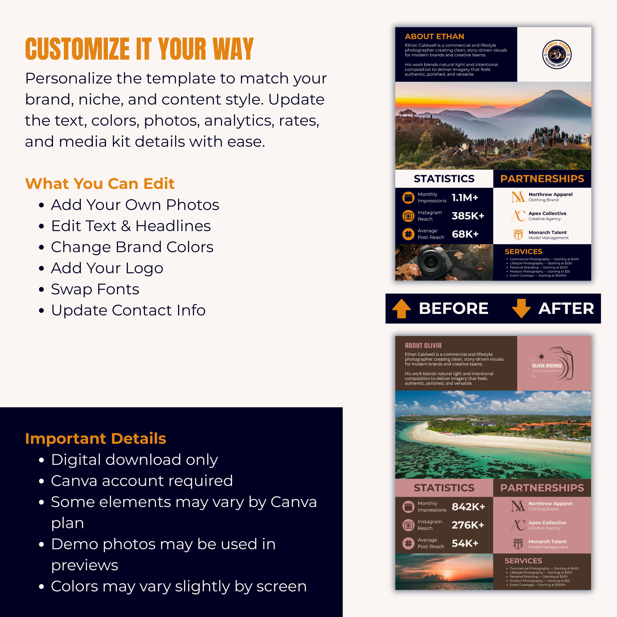 Canva template customization options with before and after examples.