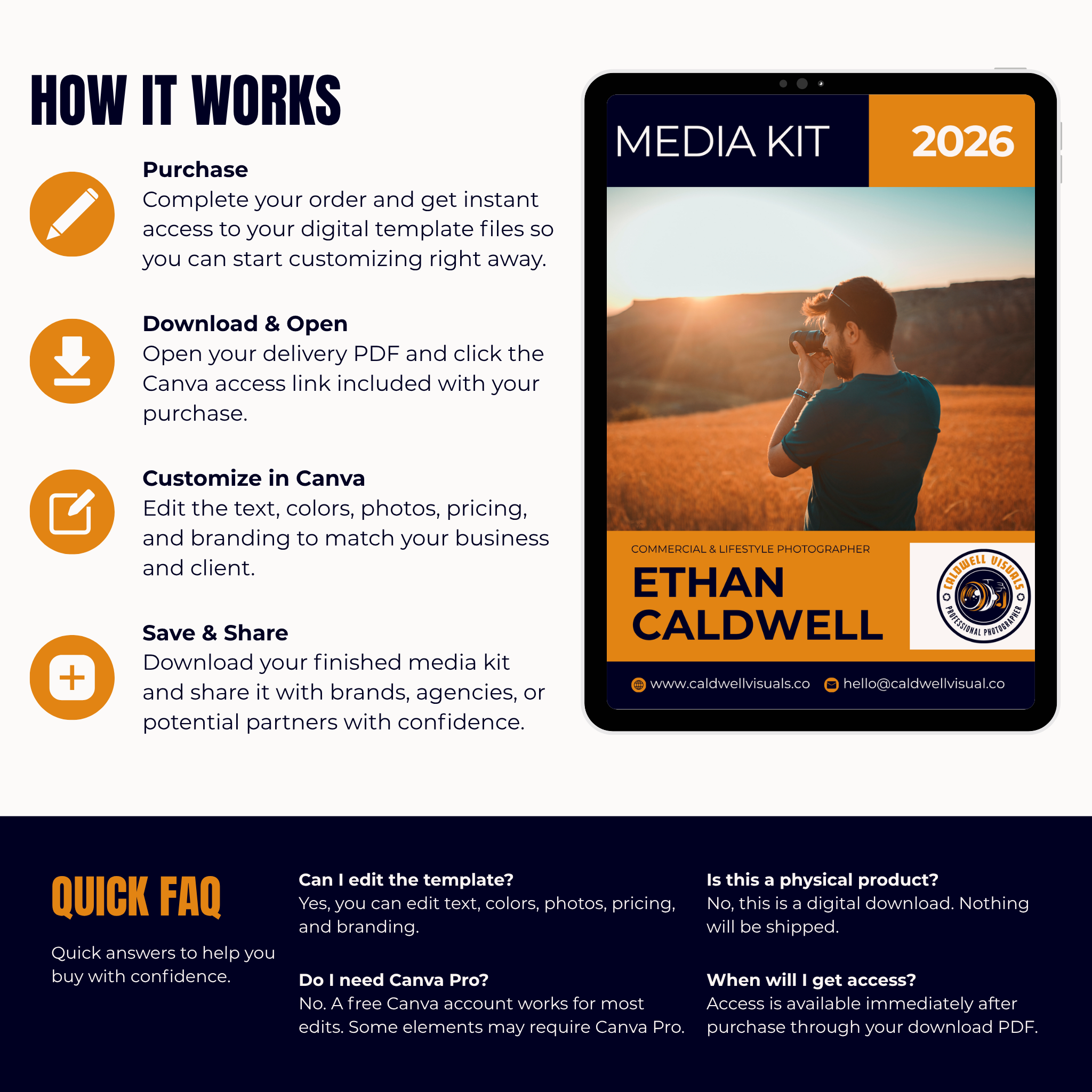 Media kit template with a man and child in a field, featuring text on how to use the media kit.