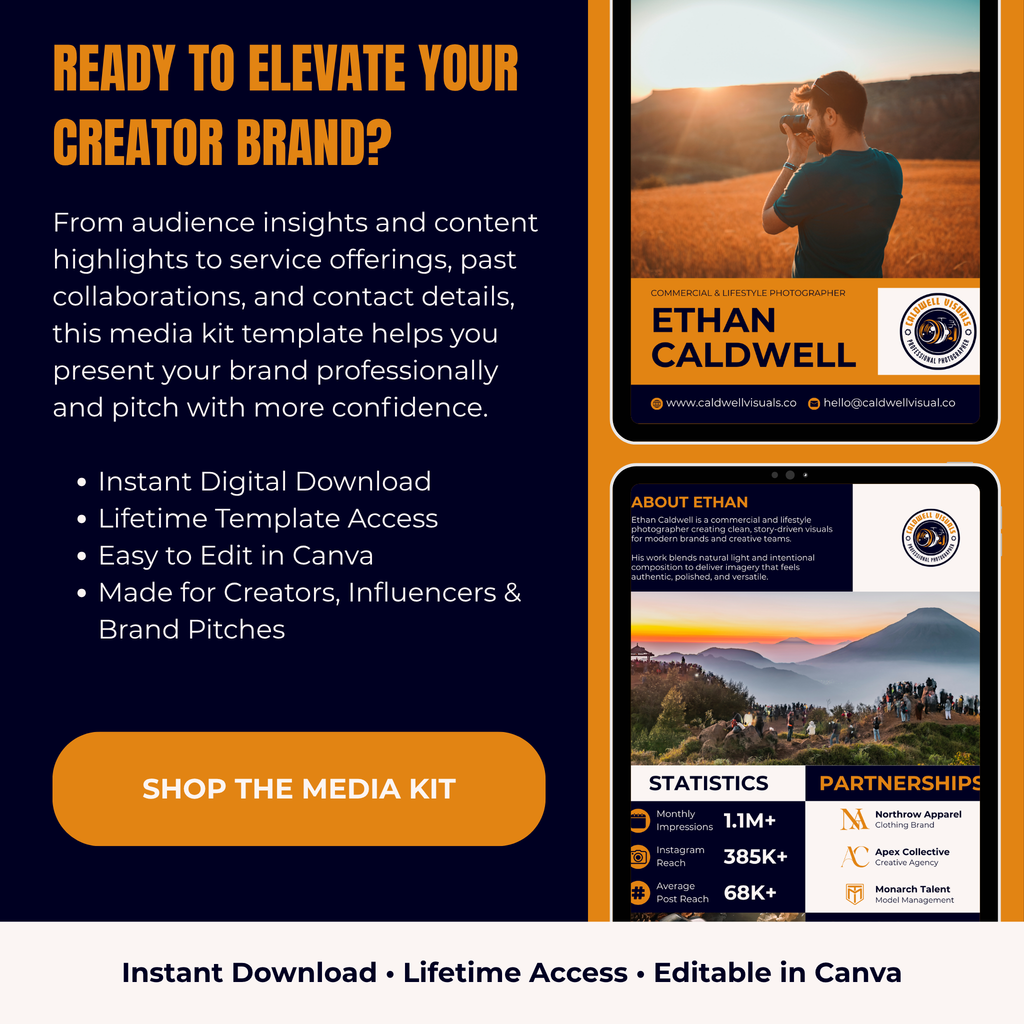 Media kit template for creators with a man holding a child in a field and statistics displayed.