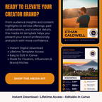 Media kit template for creators with a man holding a child in a field and statistics displayed.