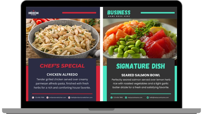 A laptop displaying a restaurant website mockup with two menu-style panels: one for 'Chef's Special' showing chicken alfredo pasta, and one for 'Signature Dish' showing seared salmon bowl with salmon, edamame, and rice. The screen is shown on a silver laptop against a light gray background.