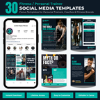 Collection of fitness-themed social media templates for personal trainers and coaches on a smartphone screen.