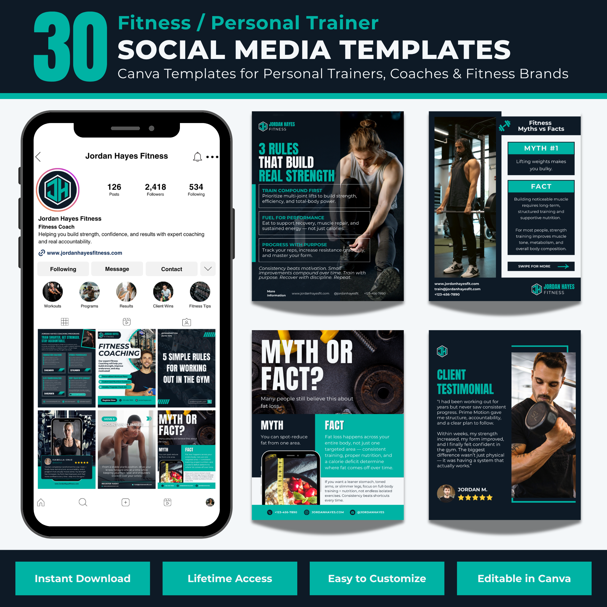 Collection of fitness-themed social media templates for personal trainers and coaches on a smartphone screen.