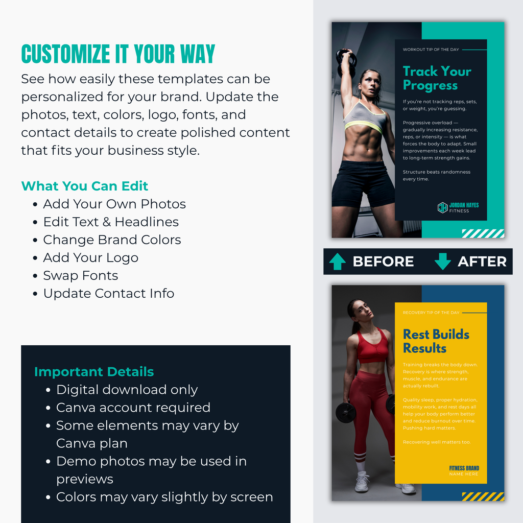 Fitness-themed templates for customization with text and images on a white background.