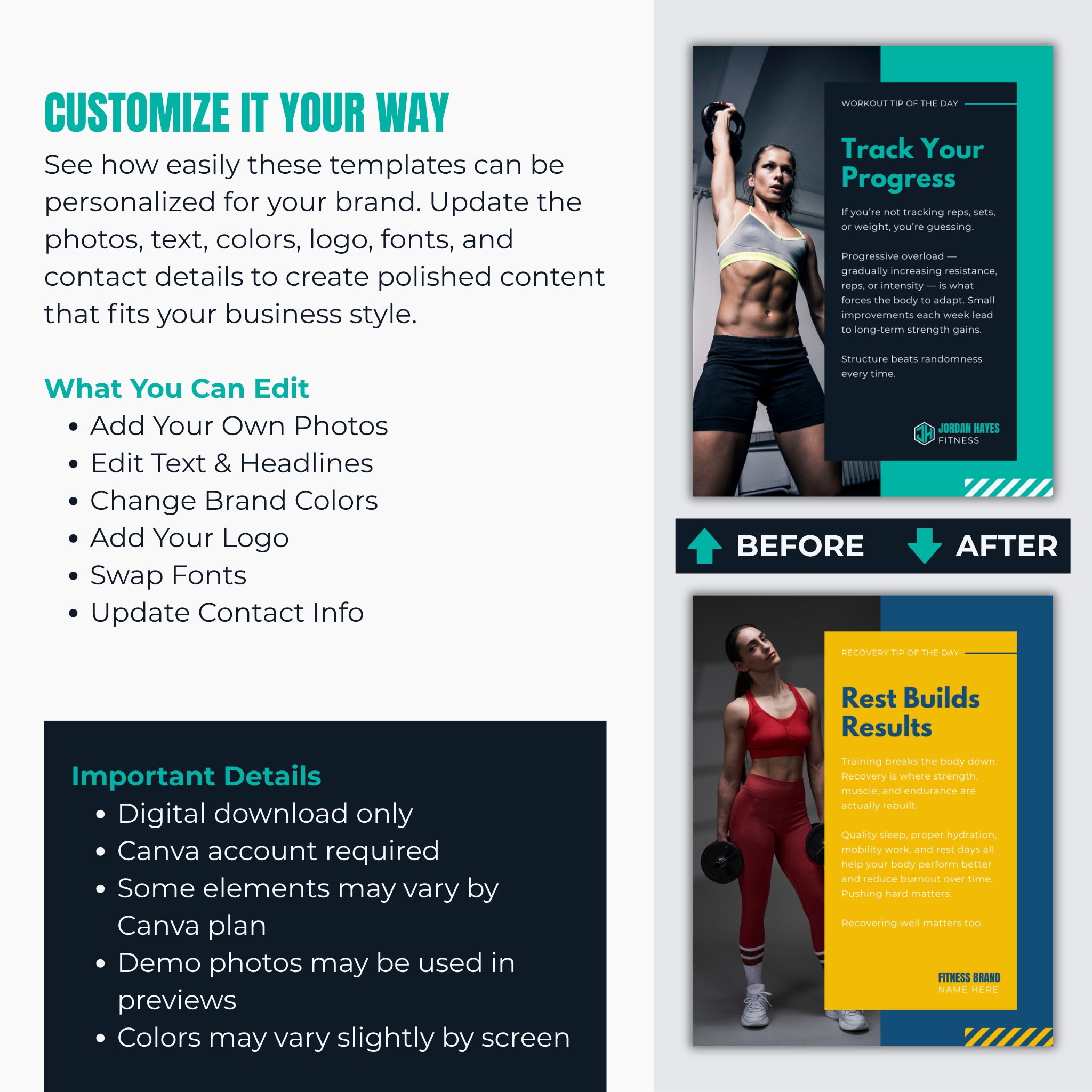 Fitness-themed templates for customization with text and images on a white background.