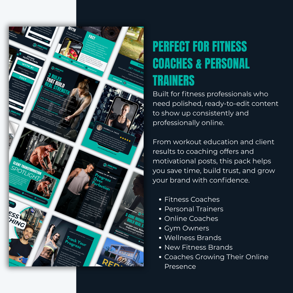 Promotional graphic for fitness coaching and personal training resources with text and images of people in a gym.