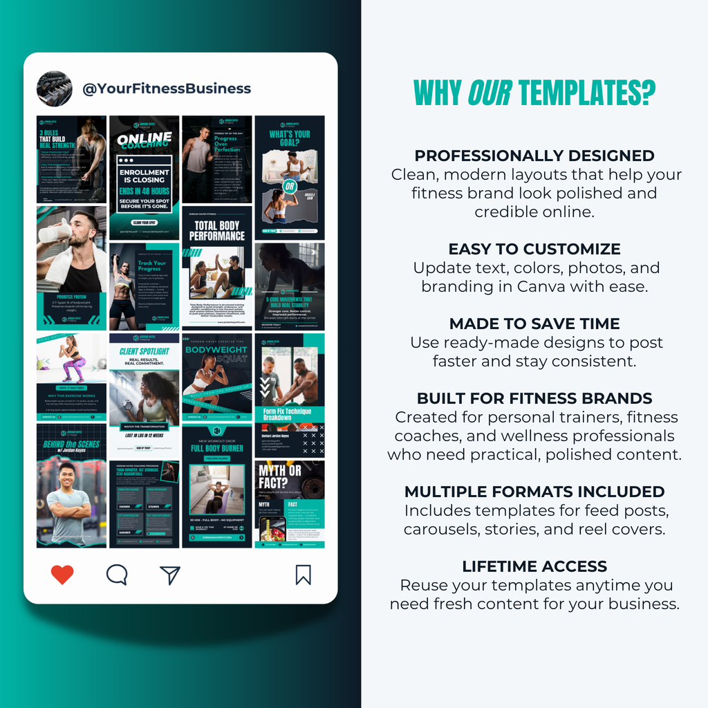 Fitness business templates with promotional text on a green background