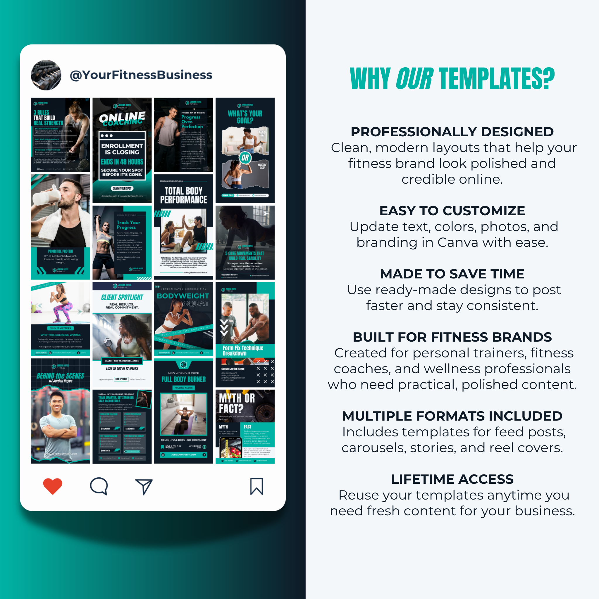 Fitness business templates with promotional text on a green background