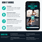 Instructions on how to use a digital template for Canva with a smartphone displaying the app interface.