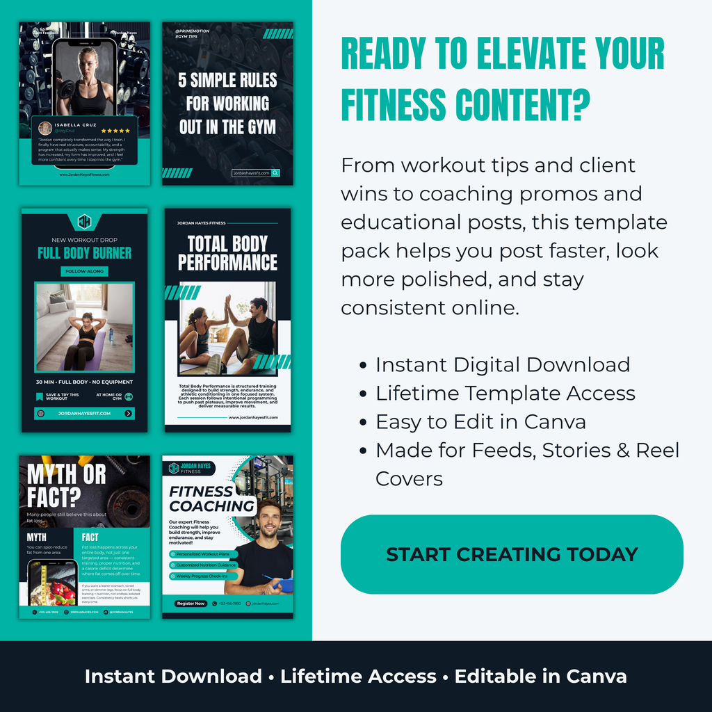 Promotional graphic for a fitness content template pack with images of fitness-related posts and text about its features.
