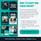 Promotional graphic for a fitness content template pack with images of fitness-related posts and text about its features.