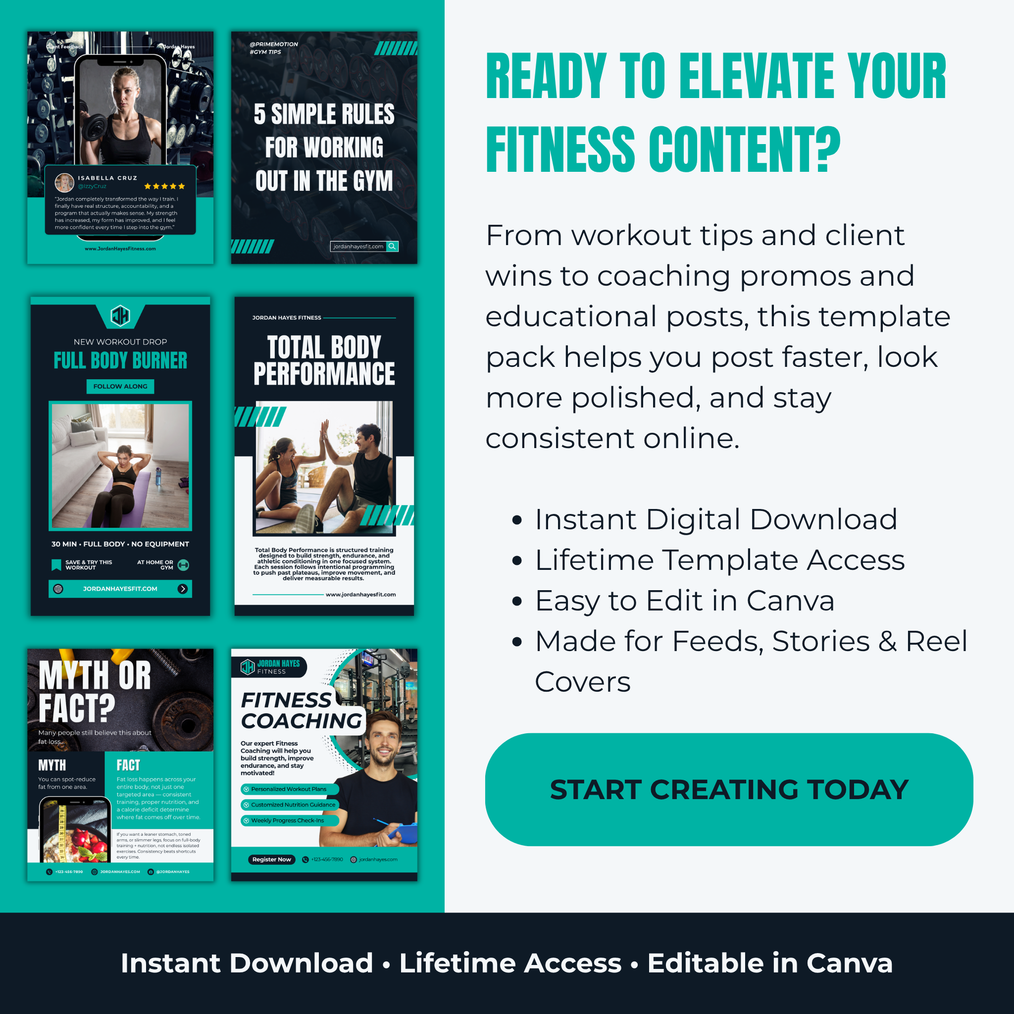 Promotional graphic for a fitness content template pack with images of fitness-related posts and text about its features.