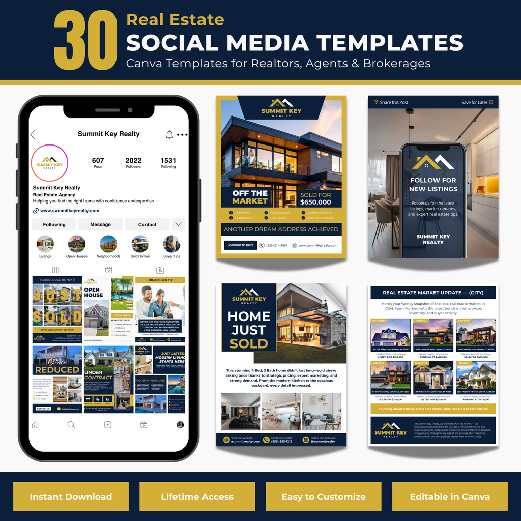 Real estate social media templates with smartphone display and various template designs.