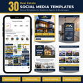 Real estate social media templates with smartphone display and various template designs.