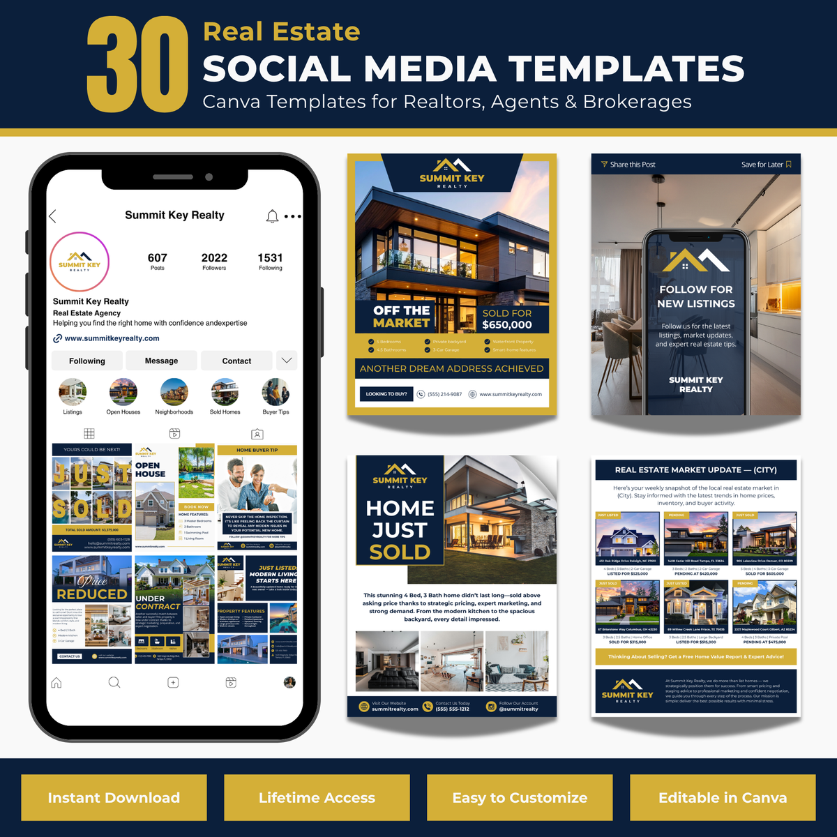 Real estate social media templates with smartphone display and various template designs.