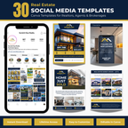 Real estate social media templates with smartphone display and various template designs.