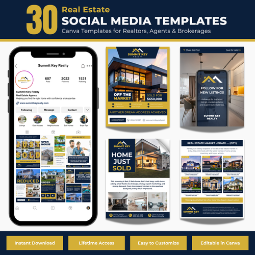 Real estate social media templates with smartphone display and various template designs.