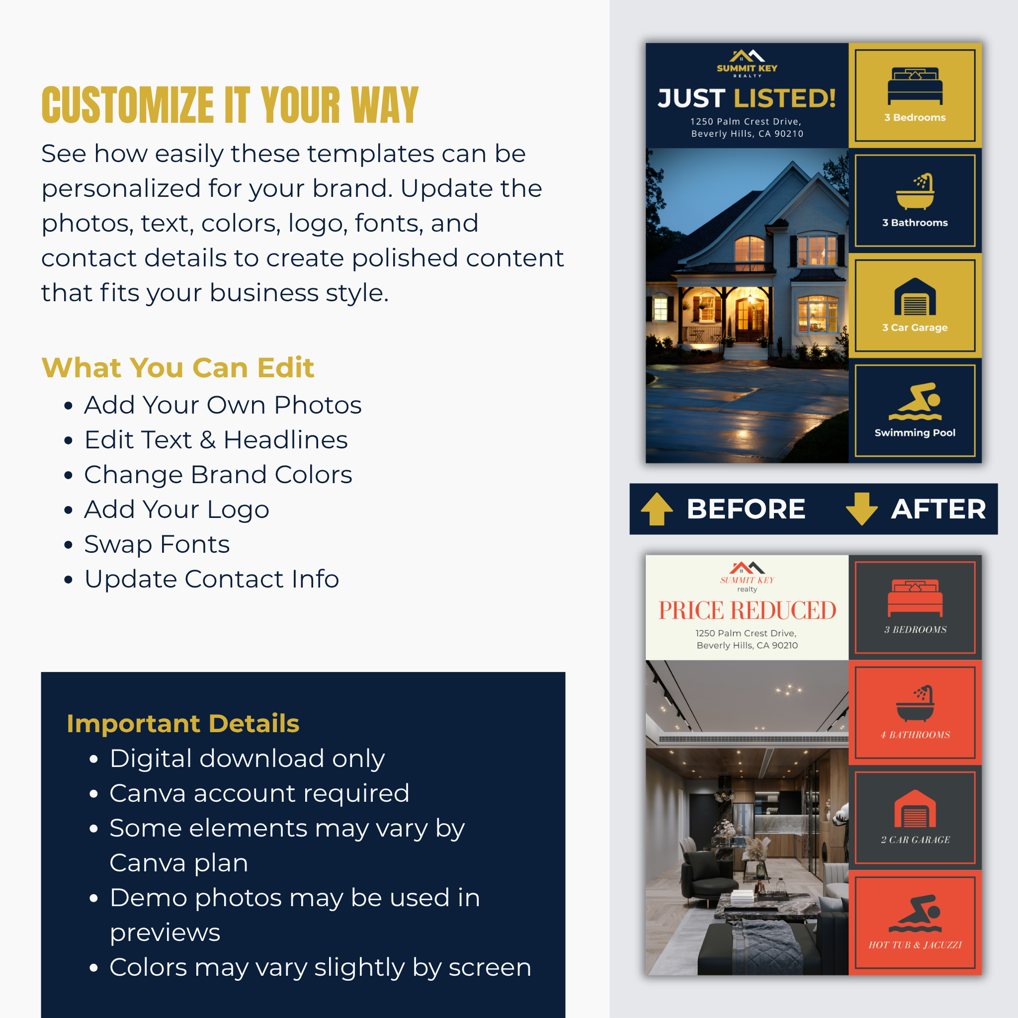 Real estate template customization options with 'Before' and 'After' examples.