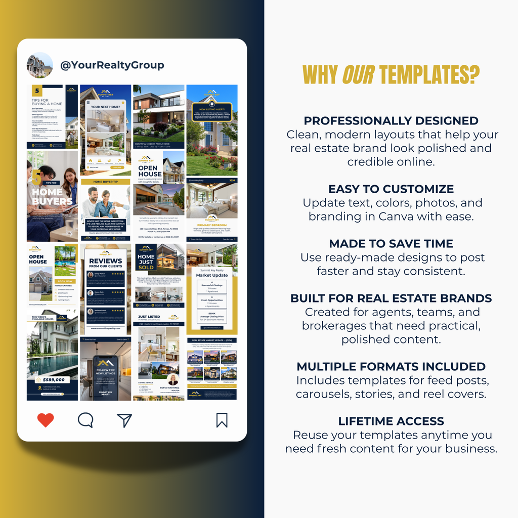 Real estate template design with features listed on a yellow and blue background