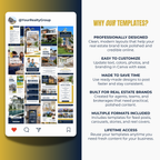 Real estate template design with features listed on a yellow and blue background
