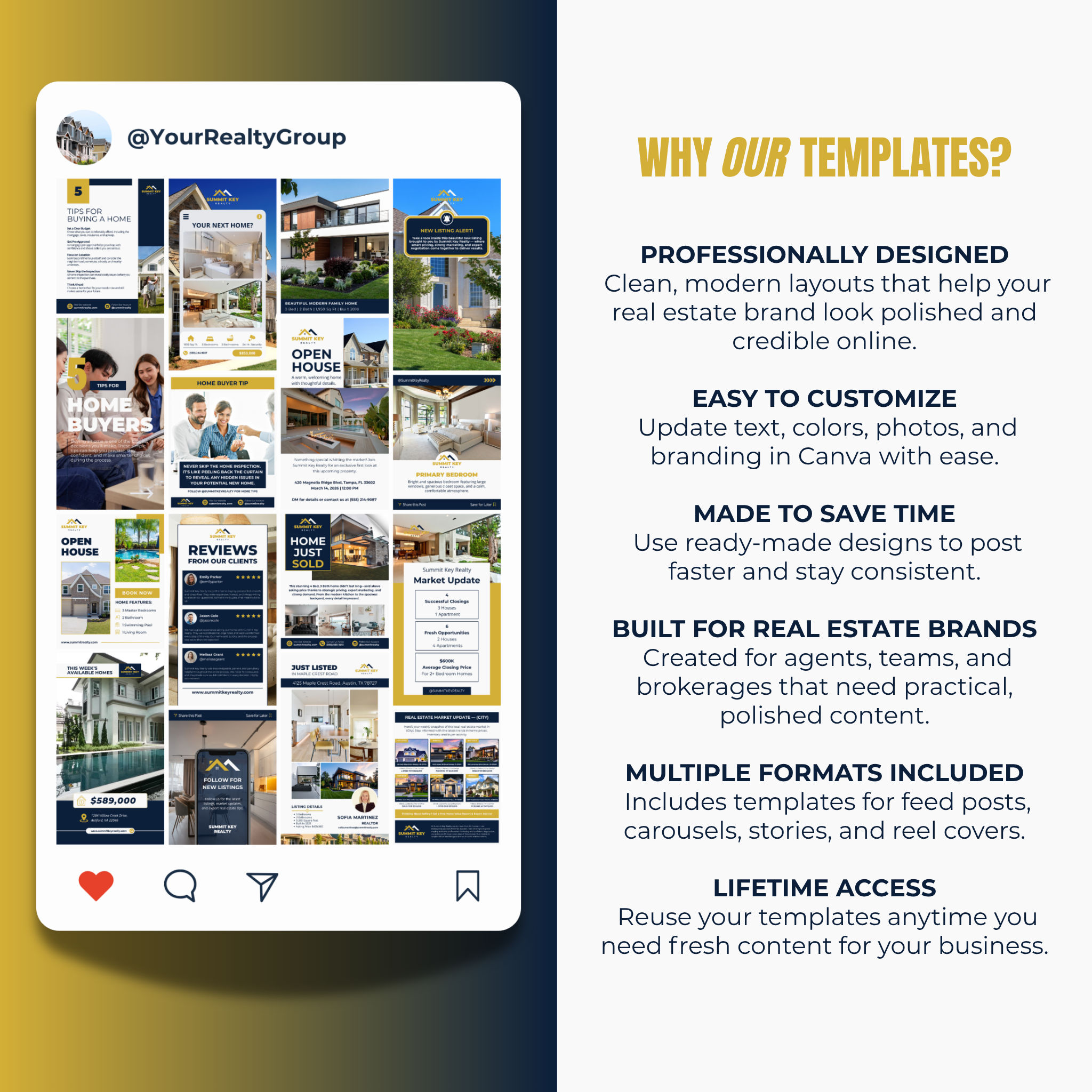 Real estate template design with features listed on a yellow and blue background