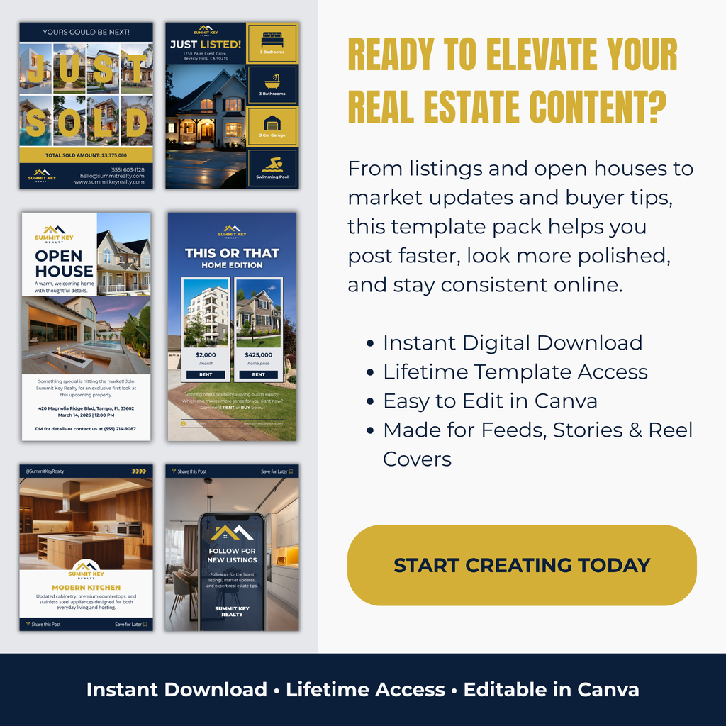 Real estate content template pack with various design examples and promotional text.