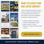Real estate content template pack with various design examples and promotional text.