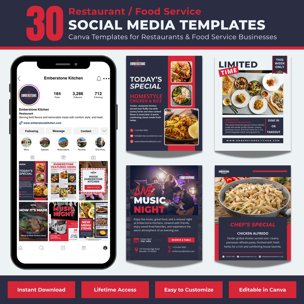 Collection of restaurant-themed social media templates on a smartphone screen with promotional text.