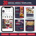 Collection of restaurant-themed social media templates on a smartphone screen with promotional text.