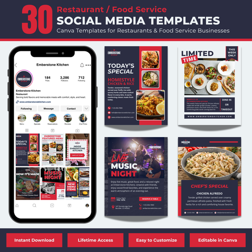 Collection of restaurant-themed social media templates on a smartphone screen with promotional text.