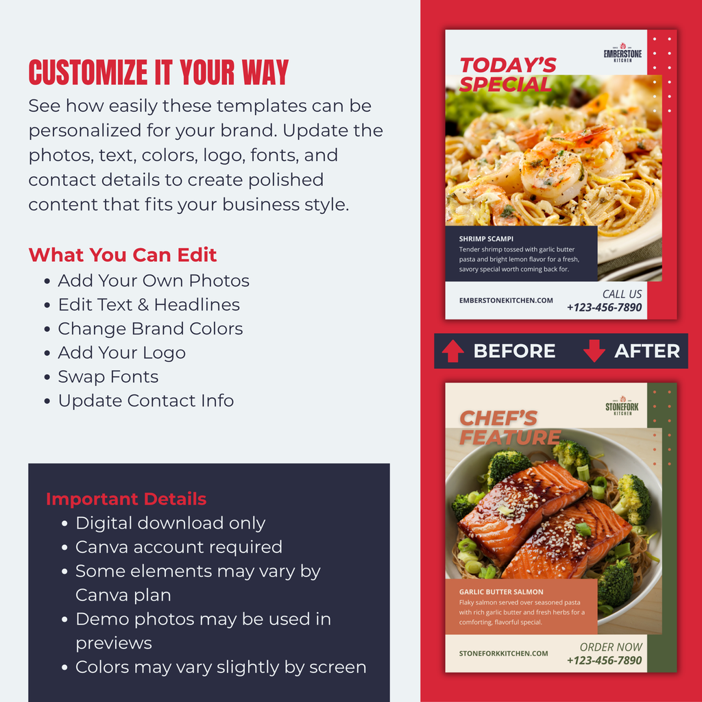 Promotional graphic for customizable restaurant menu templates with before and after examples.