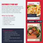 Promotional graphic for customizable restaurant menu templates with before and after examples.