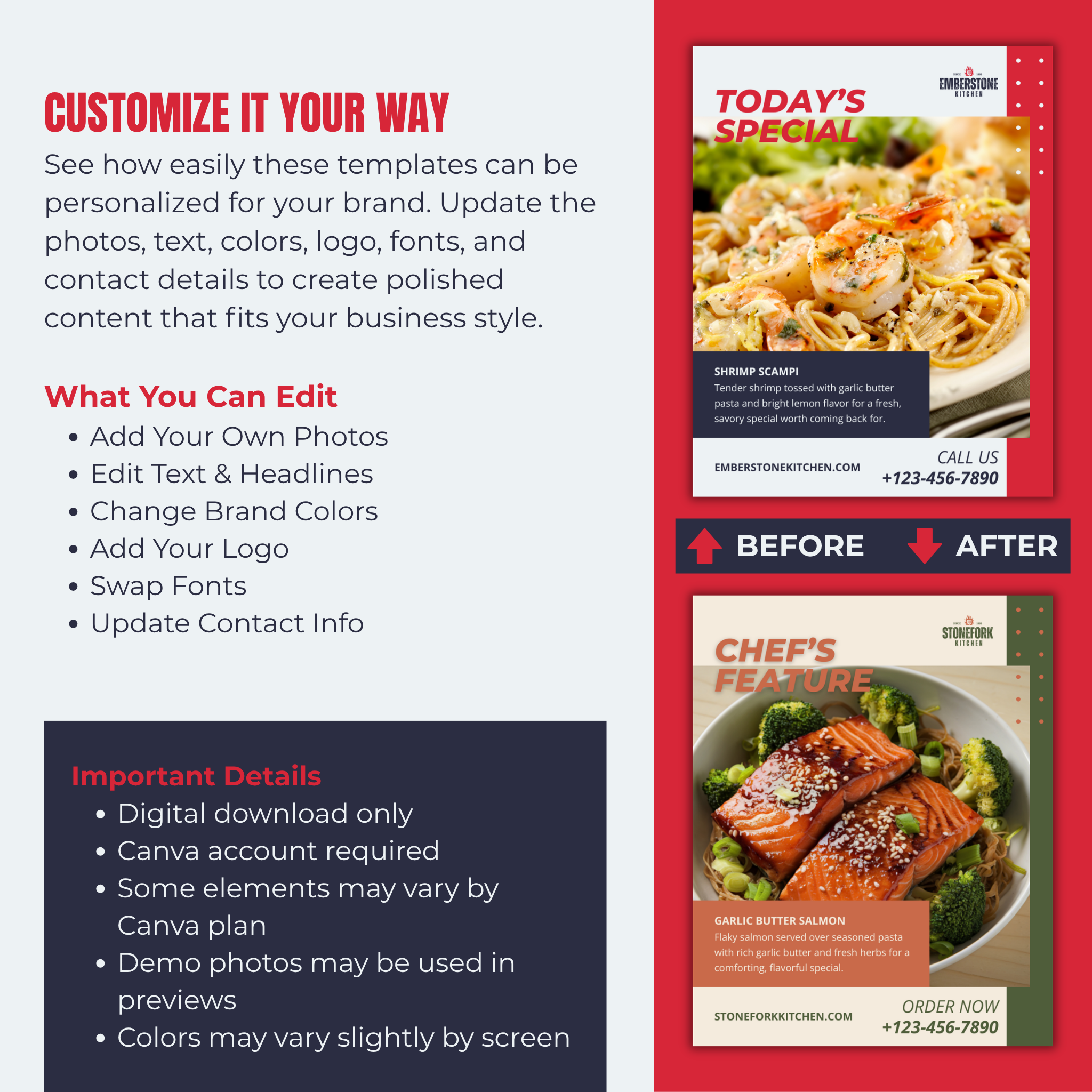 Promotional graphic for customizable restaurant menu templates with before and after examples.