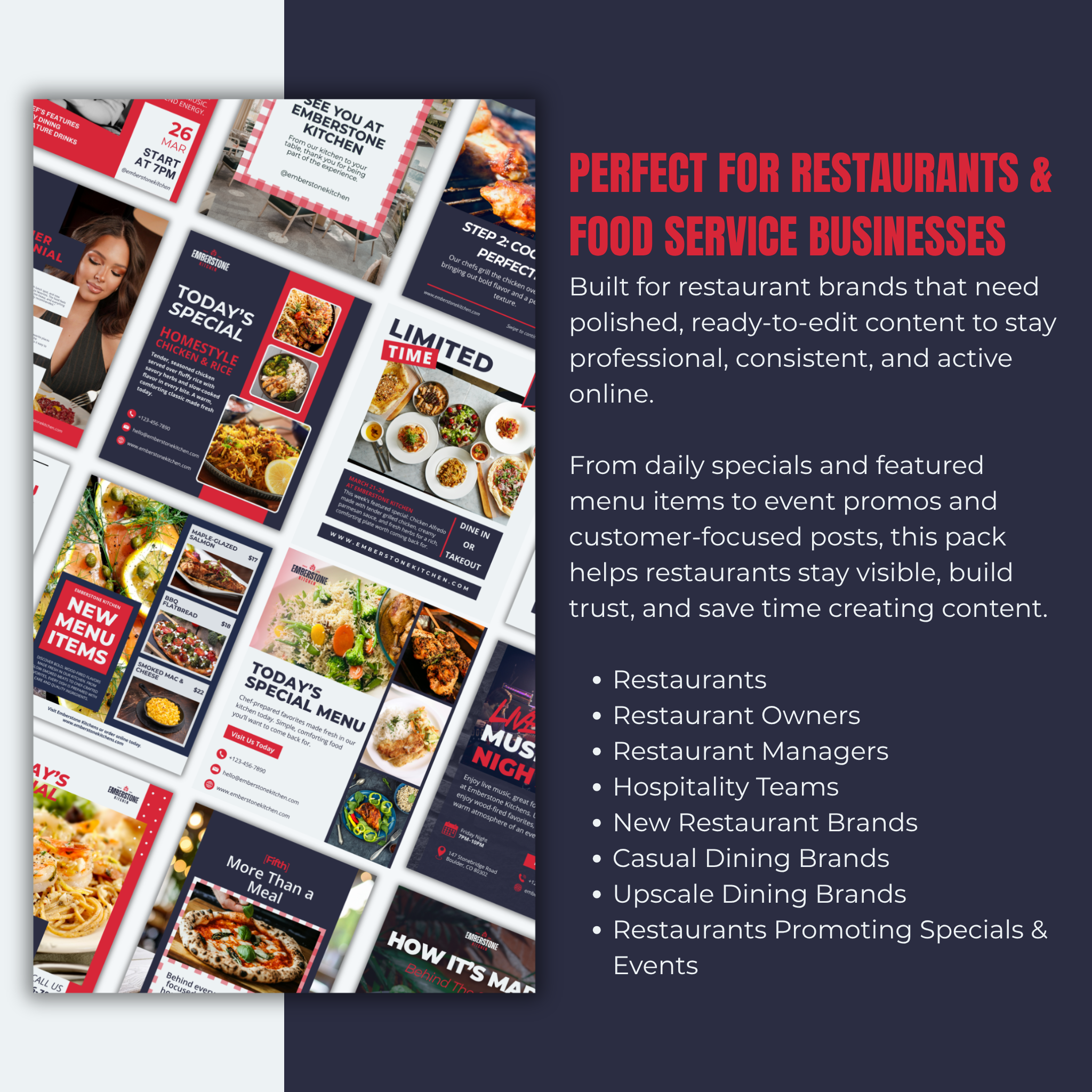 Collection of restaurant promotional materials with text highlighting their use for restaurants and food service businesses.