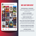 Promotional graphic for restaurant business templates with a tablet displaying templates on a red and gray background.
