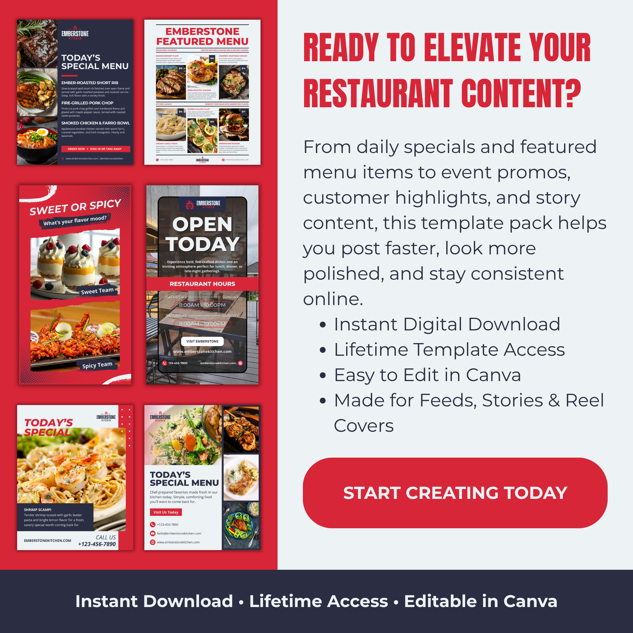 Promotional graphic for restaurant content templates with images of digital menu cards and a call to action button.