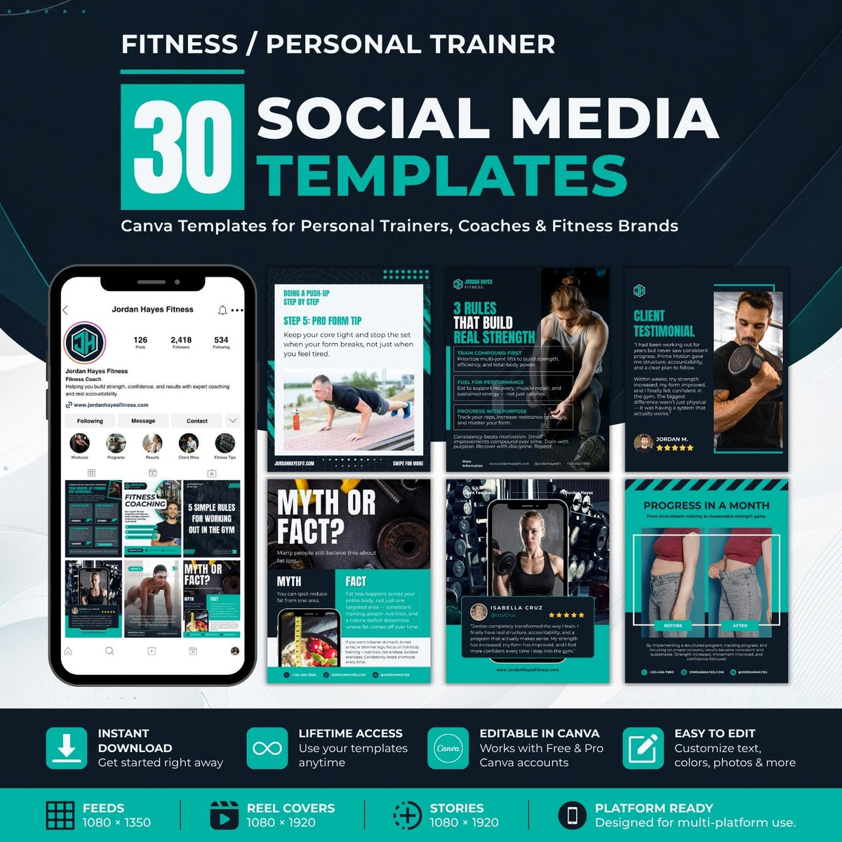 30 editable Canva social media templates for personal trainers, fitness coaches and wellness brands
