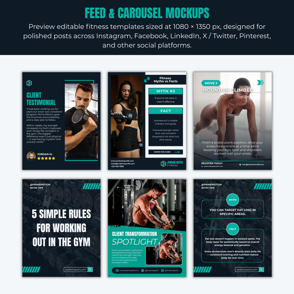 Fitness templates for coaches and personal trainers with various images and text.