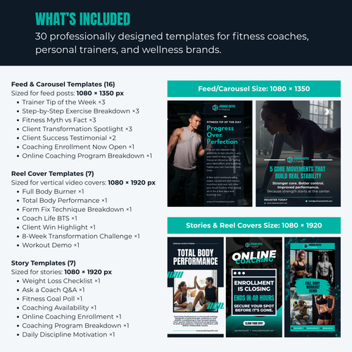 Promotional graphic for professionally designed templates for fitness coaches and personal trainers.