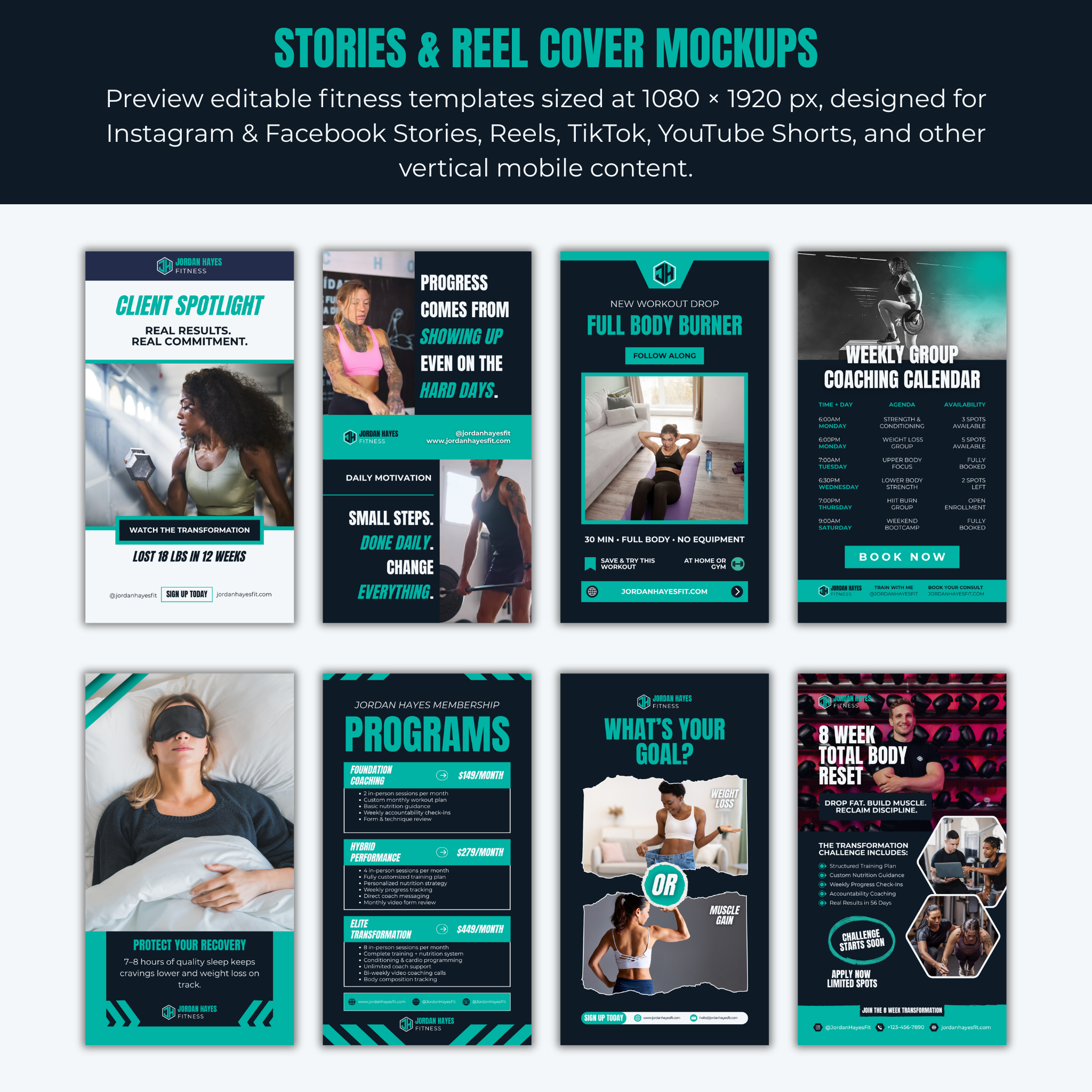 Fitness template mockups for stories and reel covers with text and images.