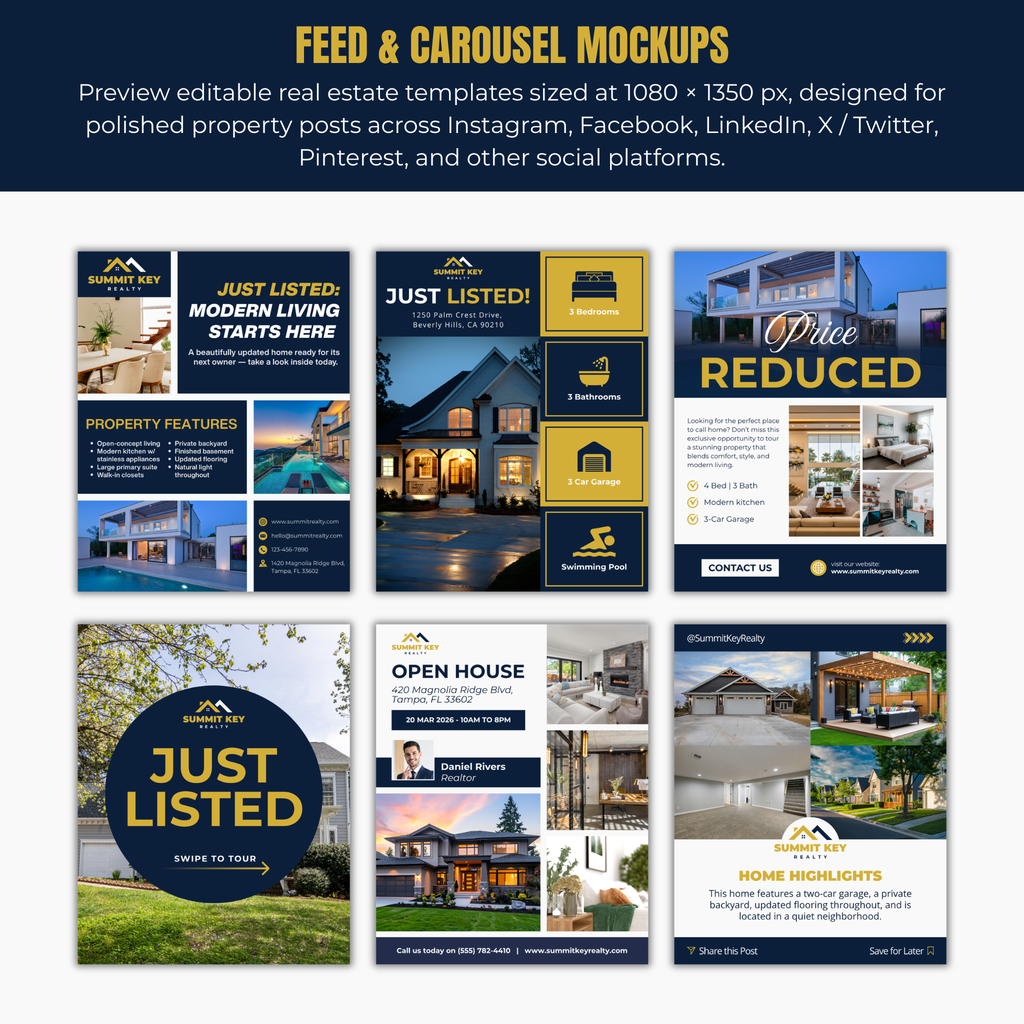 Real estate feed and carousel mockups with various templates.